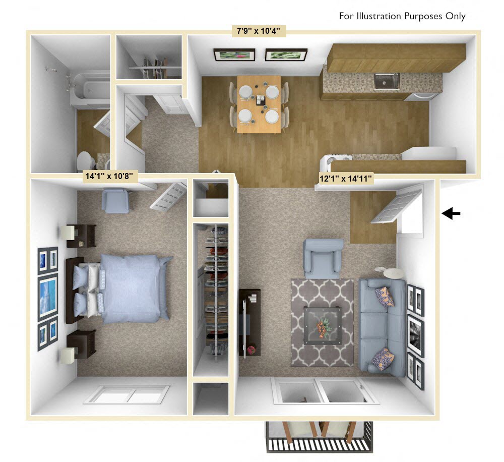 Floor plan for 1 bed, 1 bath, 600 sqft